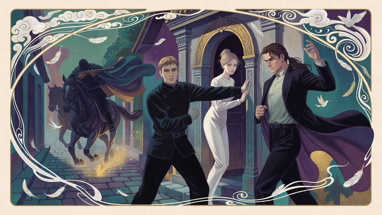 Two cloaked riders charge down a cobbled street as a guardsman shoves a fair-haired woman back through a temple doorway and a man in the street twists aside from the horses.
