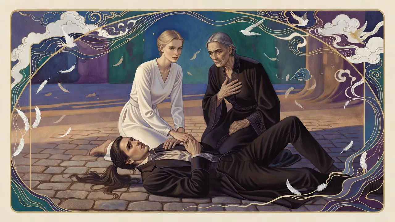 A wounded man lies in the dust holding his shoulder while a fair-haired woman kneels beside him and a stern grey-haired empress stands over them, stricken.