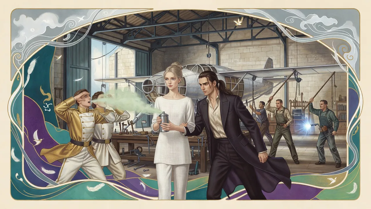 In a vast hangar a fair-haired woman sprays a hissing jet of vapour from a canister at two soldiers in gold and white while mechanics swing poles and a blowtorch flares.