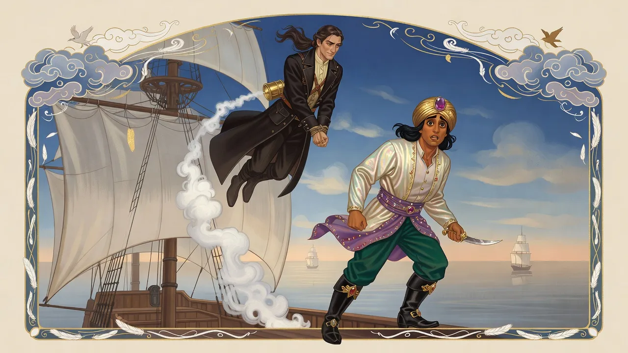 A man with bound hands shoots straight up into the sky in a burst of white smoke from the deck of a becalmed ship while a prince in a gold turban staggers back below with a knife.