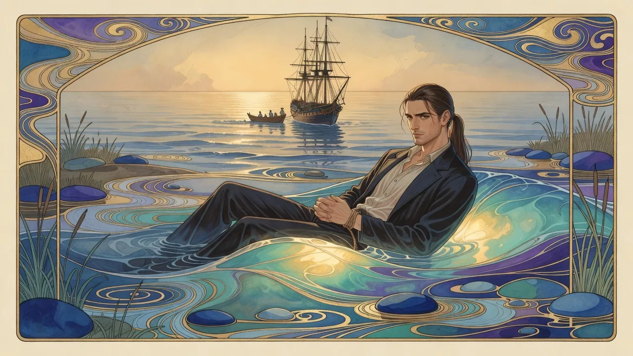 A soaked man with bound hands floats on a glowing, gently lifting swell of sea at golden hour as a tall-masted ship turns toward him and lowers a boat.