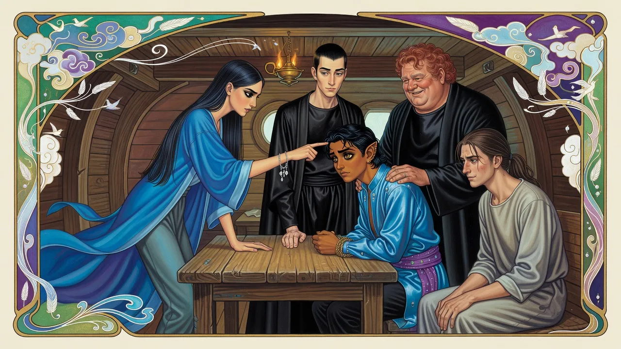 In a cramped ship’s cabin a dark-haired woman in blue leans across a table to touch her fingertip to the temple of a soaked, bareheaded prince with bound hands, held by two men, while a bruised man in plain clothes watches.