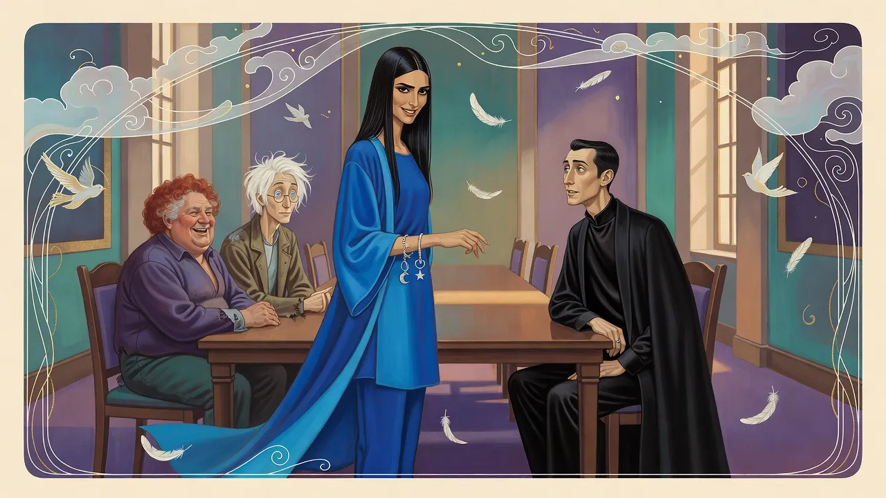 In a council room a dark-haired woman in blue stands at a long table smiling across at a man in black seated at its head, while two older men at the table turn to look at her.