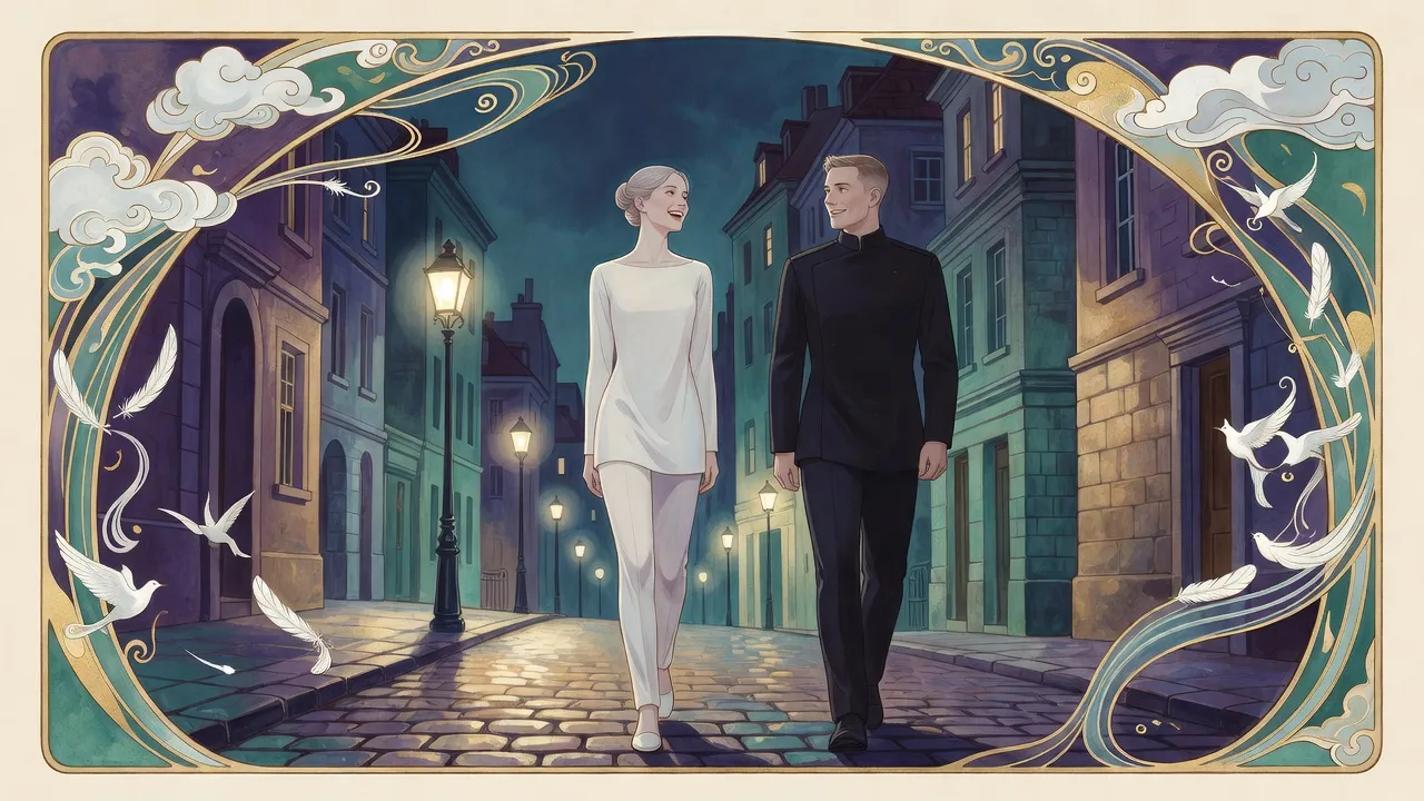 A fair-haired woman laughs as she walks up a gaslit city street at night beside a solemn guardsman who is smiling sideways at her.
