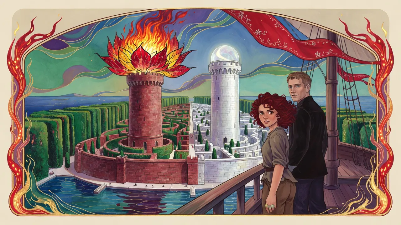 Corene stands at a ship’s rail with Foley a pace behind her, looking at a harbor city divided into red and white halves, a red tower crowned with fire on one side and a white tower on the other.
