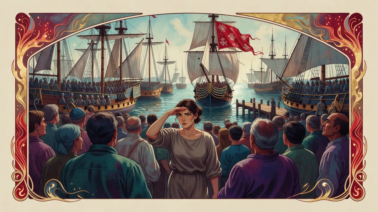Leah stands in a dense dockside crowd at noon, shading her eyes as a fleet of ships crowded with soldiers sails into the harbor.