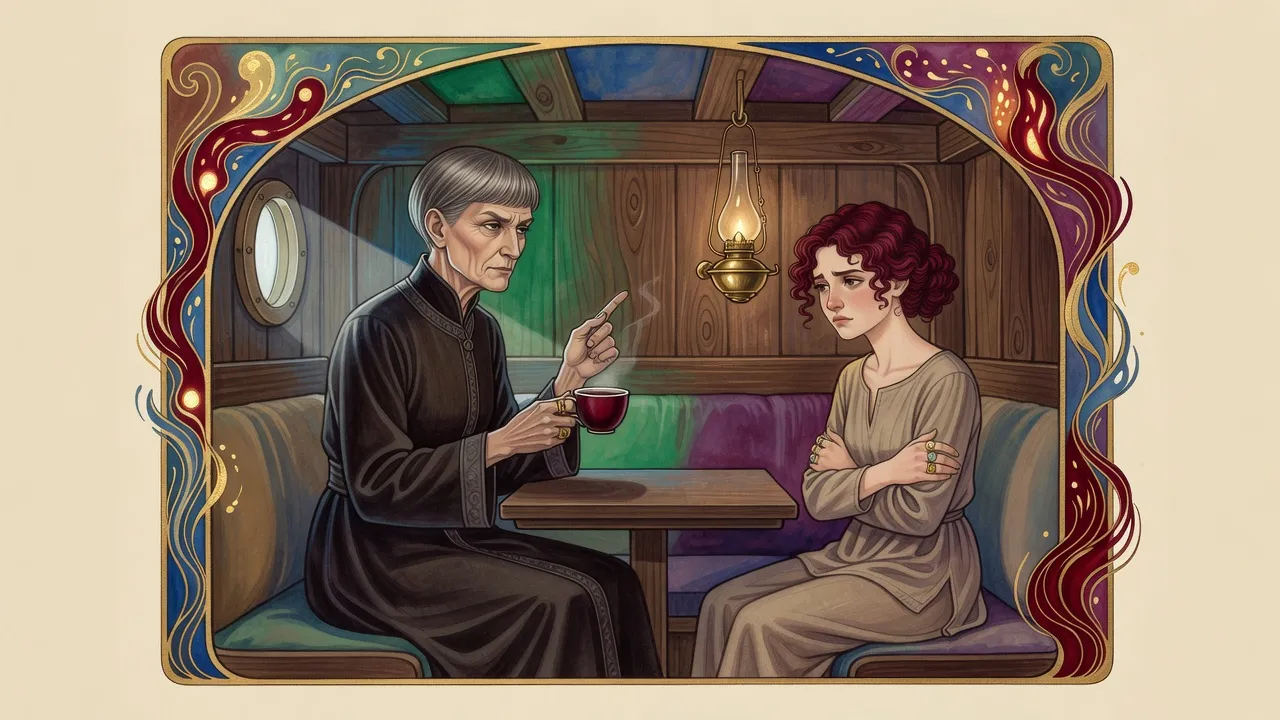 In a tiny ship’s cabin the grey-haired empress raises a finger over a steaming cup while a red-haired young woman sits opposite her with her arms folded.
