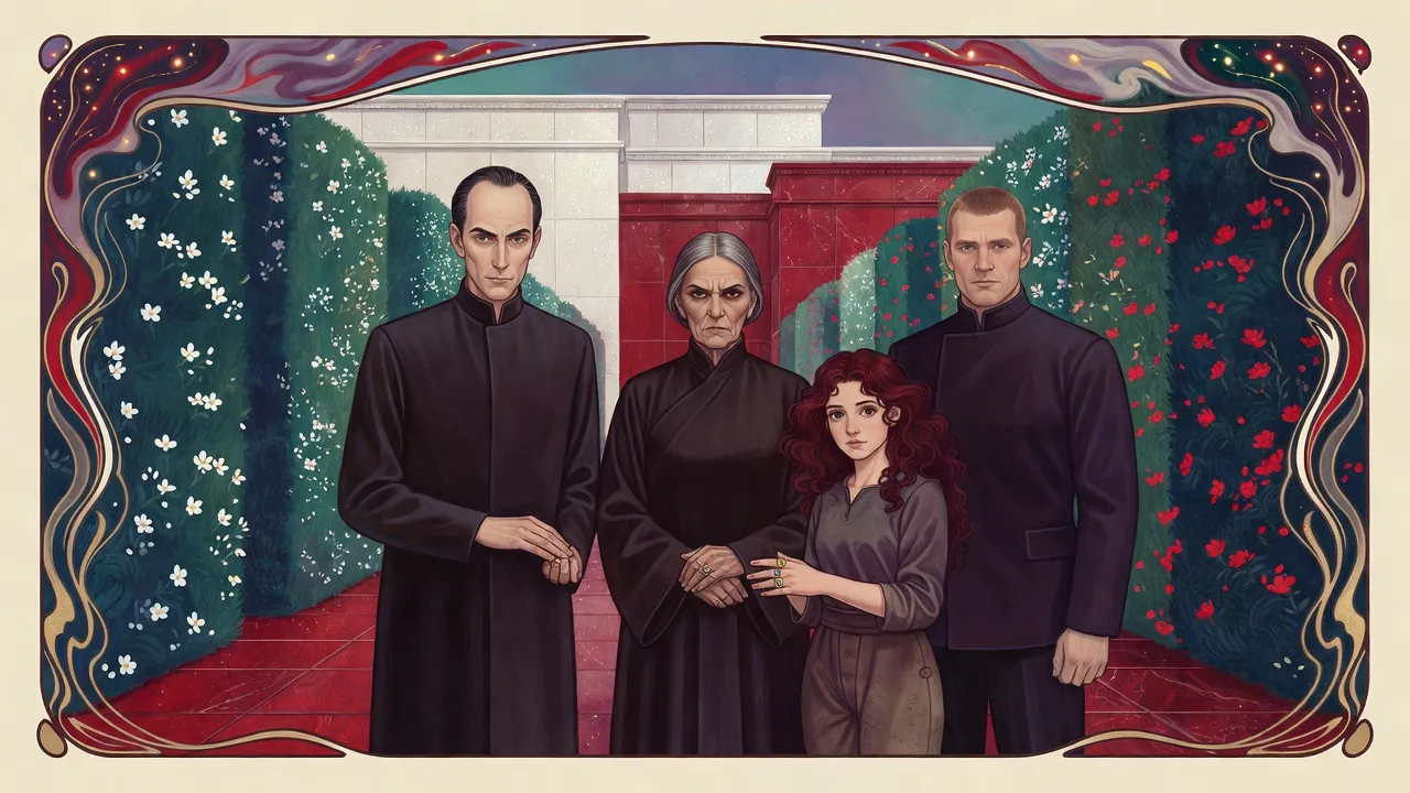 A tall, sharp-featured steward bows in a palace courtyard between red and white walls and tall flowering hedges, beside the empress, as a red-haired princess presents her guard.