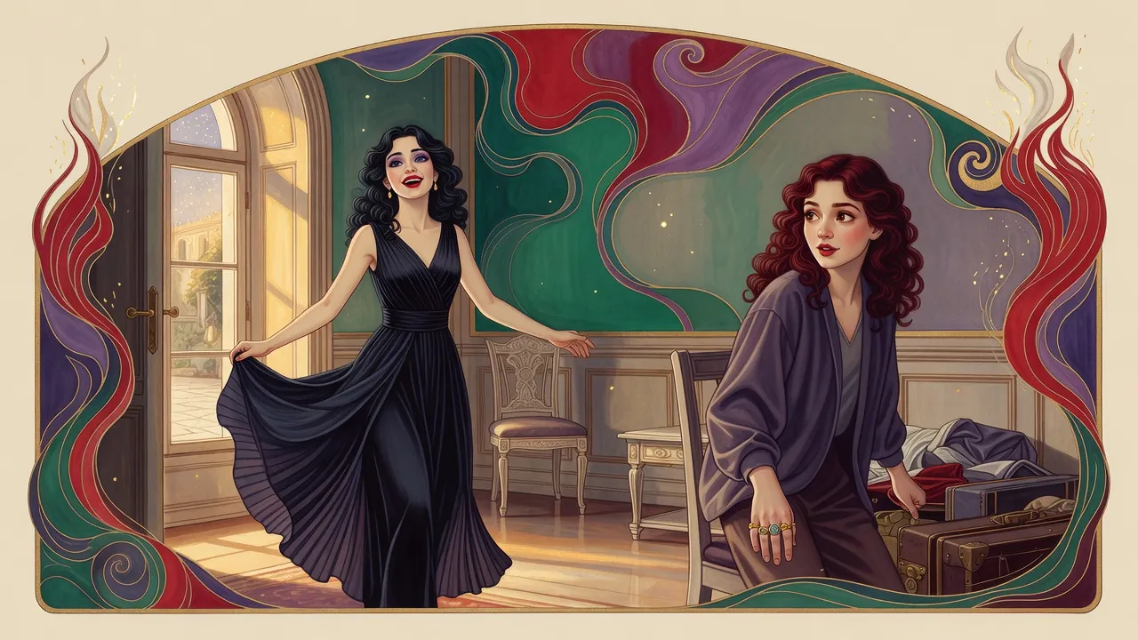 A small, black-haired young woman in a pleated indigo dress laughs as she sweeps into a room where a red-haired young woman rises in surprise among her luggage.