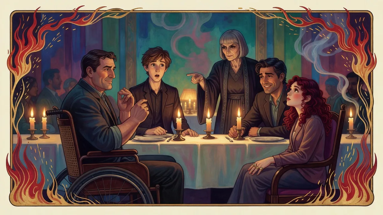 At a long dinner table the grey-haired empress stands and points to a startled young man, while a smiling man in a wheelchair beside him and other diners turn to stare.