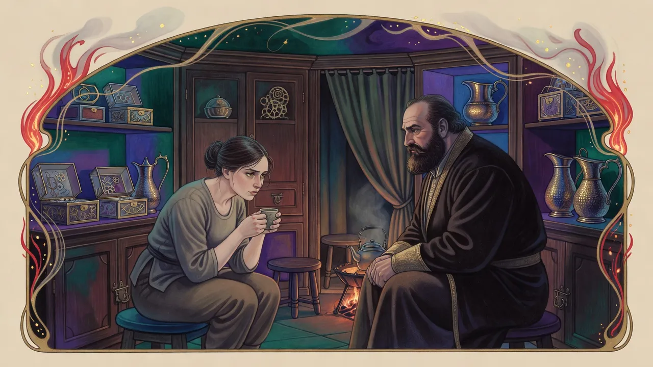 In the curtained back room of a market stall, a pale young woman clutches a cup while a large bearded merchant watches her across a tiny firepit and kettle.