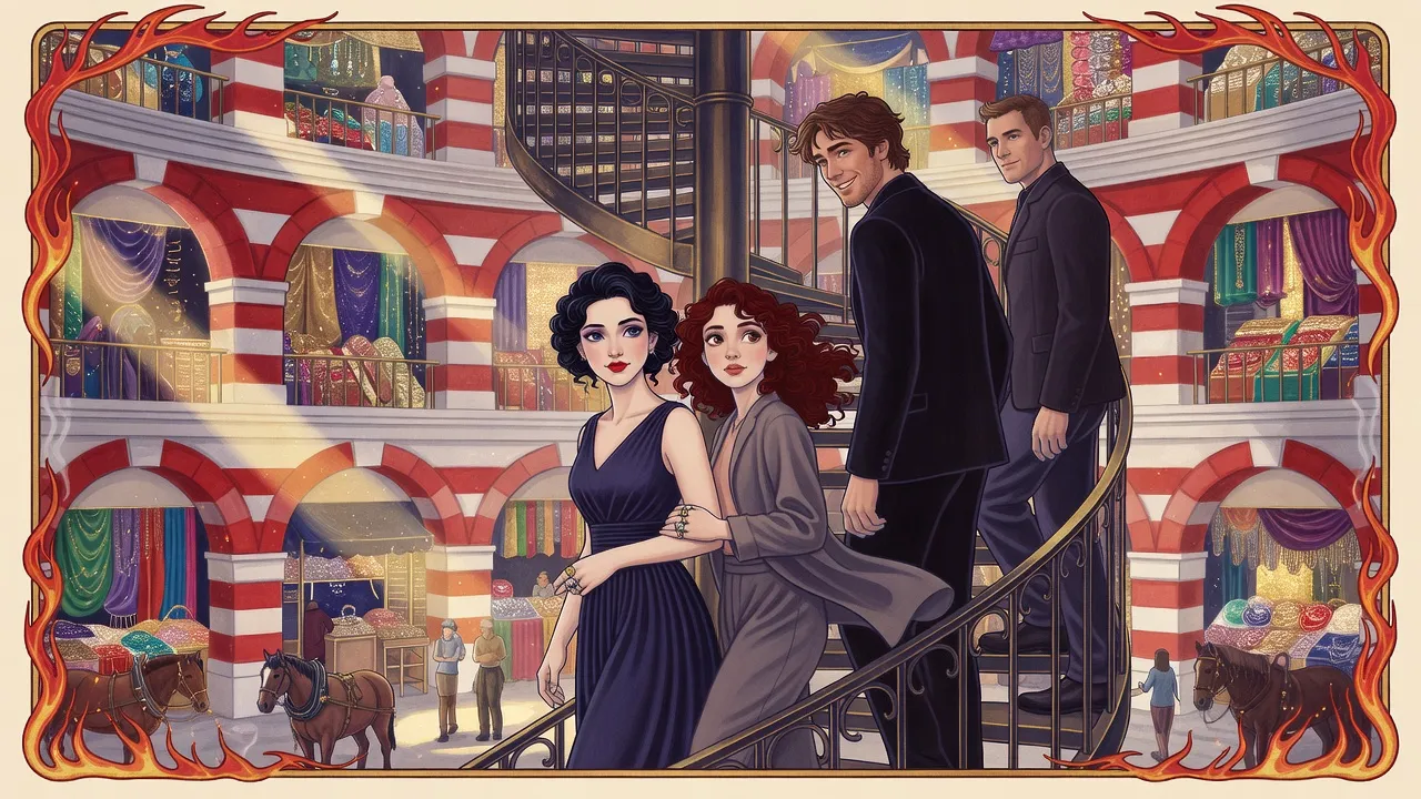 A princess in indigo, a red-haired companion and a young man climb a spiral staircase side by side through a vast market hall of red and white stone arches, a guard following.