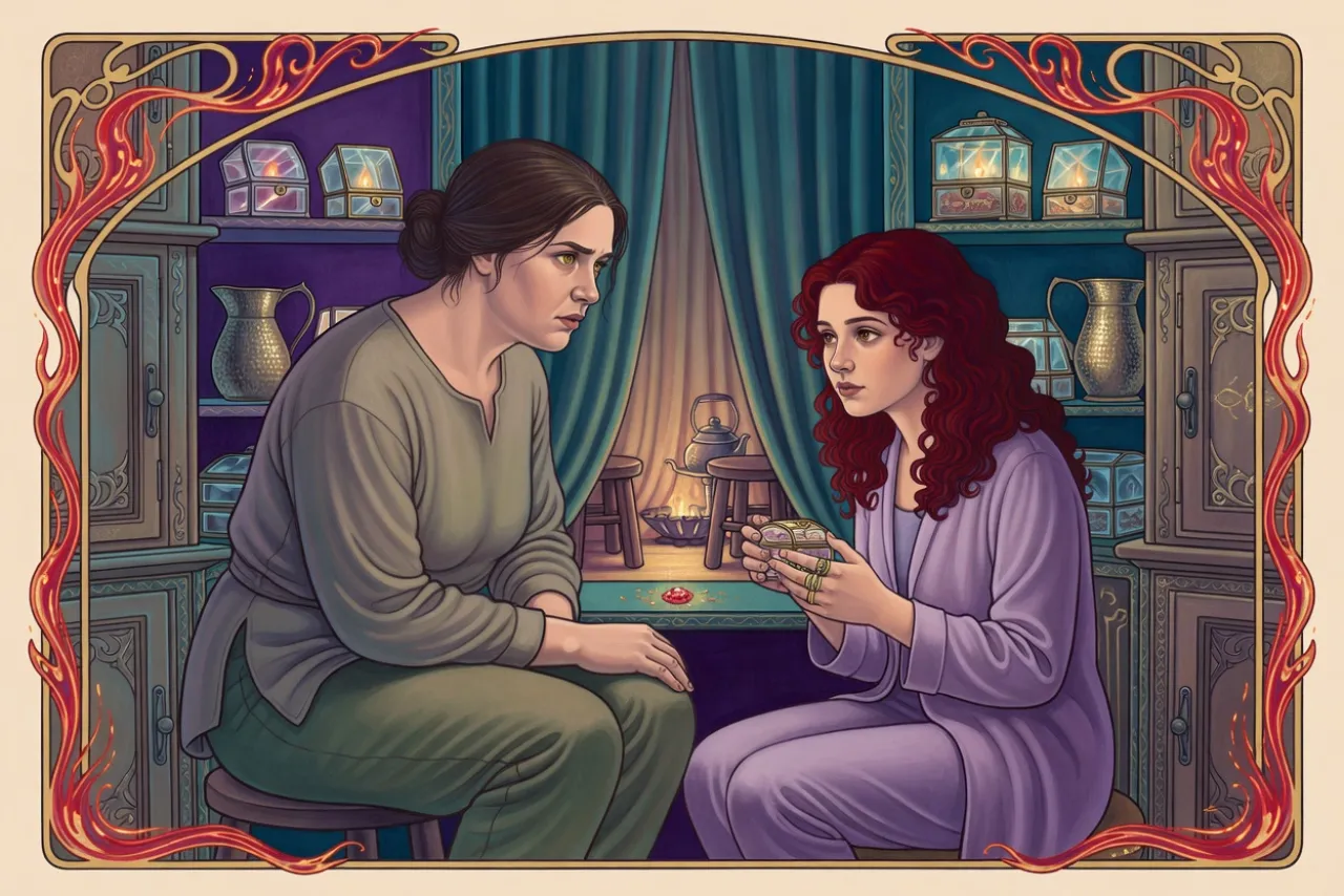 Two women sit close on stools in a curtained back room lined with glass music boxes, one leaning forward to speak urgently while the other holds a music box.
