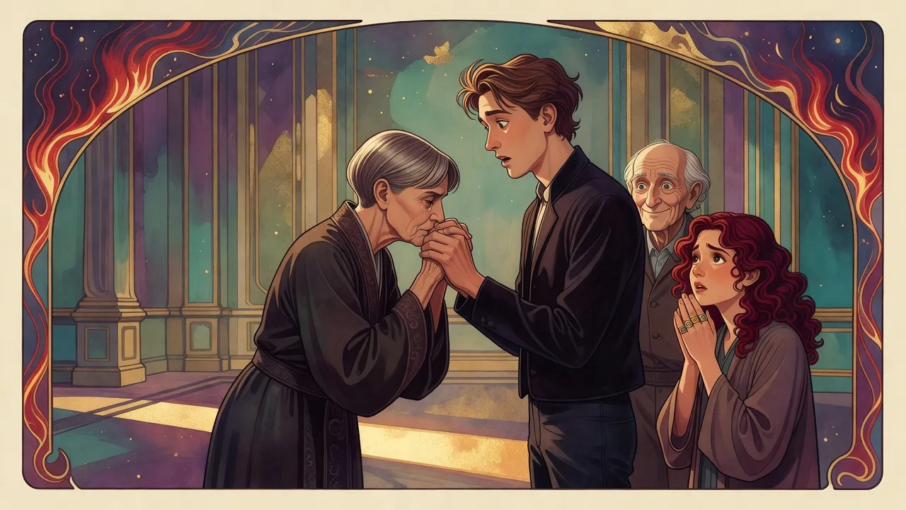 The grey-haired empress, eyes wet, rests her cheek against a young man’s clasped hands while a stooped old scientist smiles and a red-haired young woman watches.