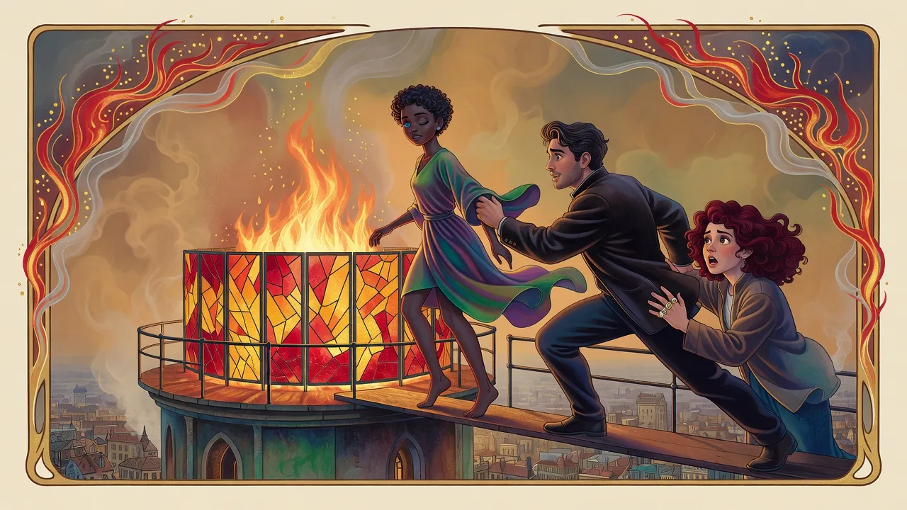 On the narrow roof ledge of a tower, a dark-skinned girl in a bright robe stands on the low rail with her eyes closed as a young man lunges for her arm, a great fire behind stained glass beside them.