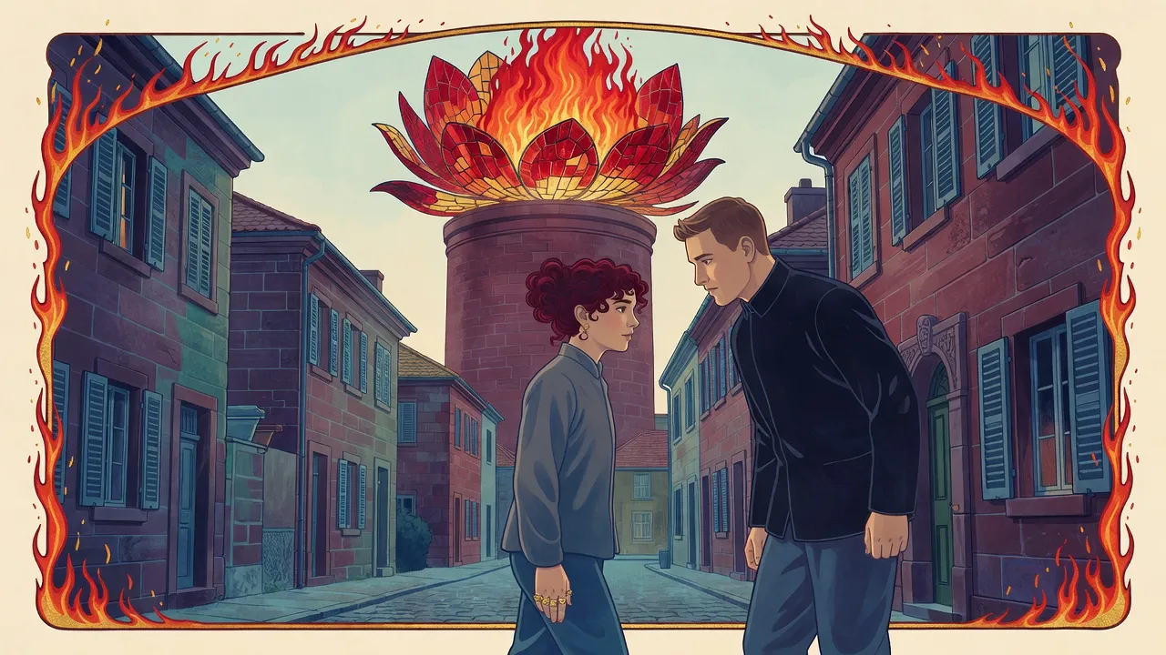 Early in the morning a red-haired young woman with her hair scraped back walks fast beside a broad guardsman down a street of red stone houses, a tower crowned with fire above the roofs.