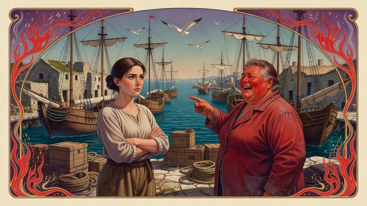 A plain young woman with her arms folded listens to a big, red-faced woman sea captain on a sunlit wharf crowded with tall ships.