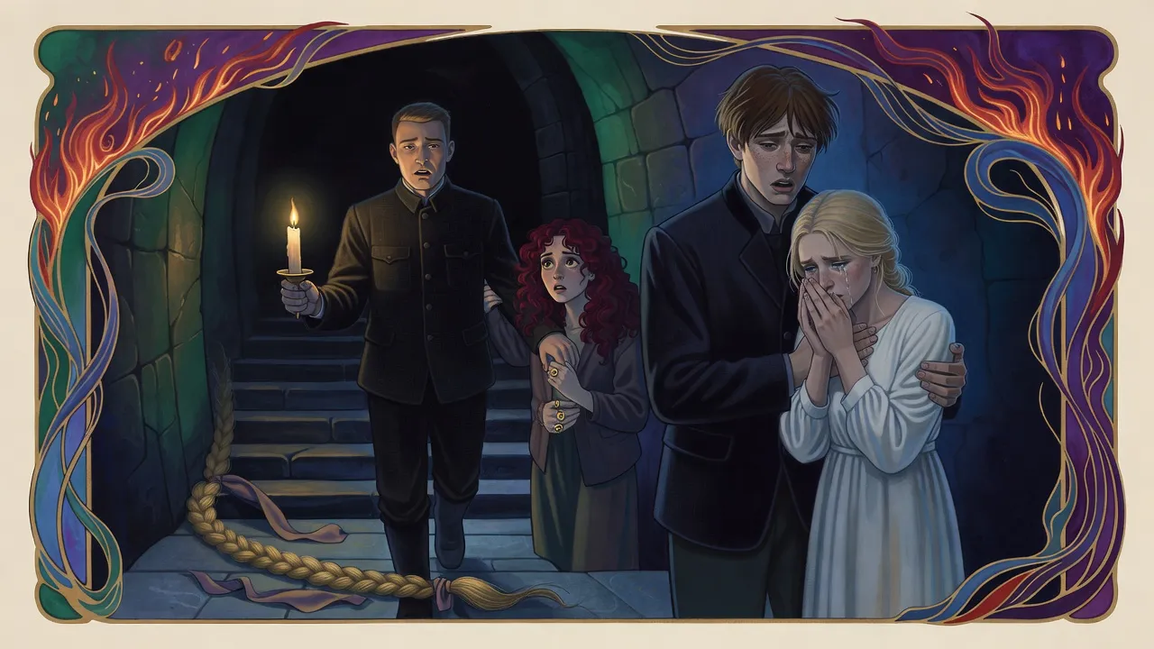 By candlelight at the foot of a stone stairwell, a guard steps in front of a red-haired young woman while a young man comforts a weeping blond girl; a long fair braid lies at the edge of the light.
