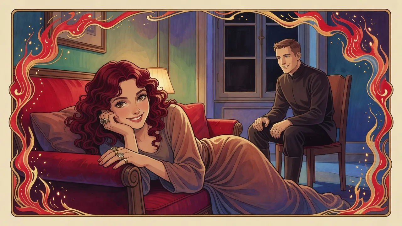 In lamplight, a red-haired young woman sprawls on a settee and grins at a guardsman sitting very upright on a hard chair across the room.