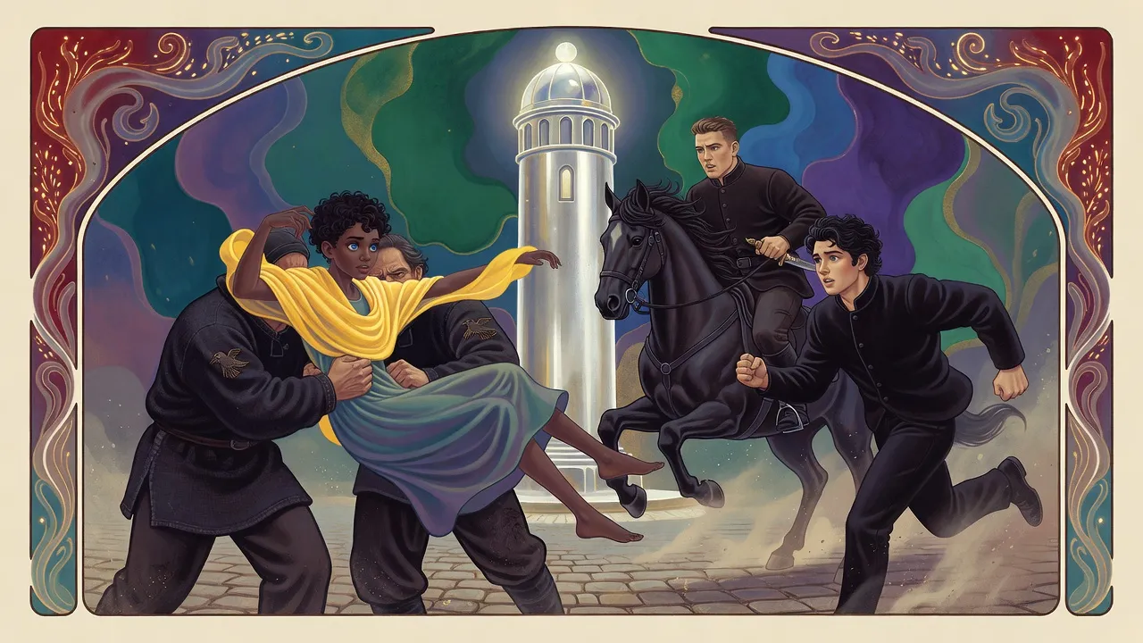 Below a gleaming white tower, two men haul a struggling girl in a yellow shawl toward a cart while a guardsman leaps from his horse with a knife and a young man sprints to help.