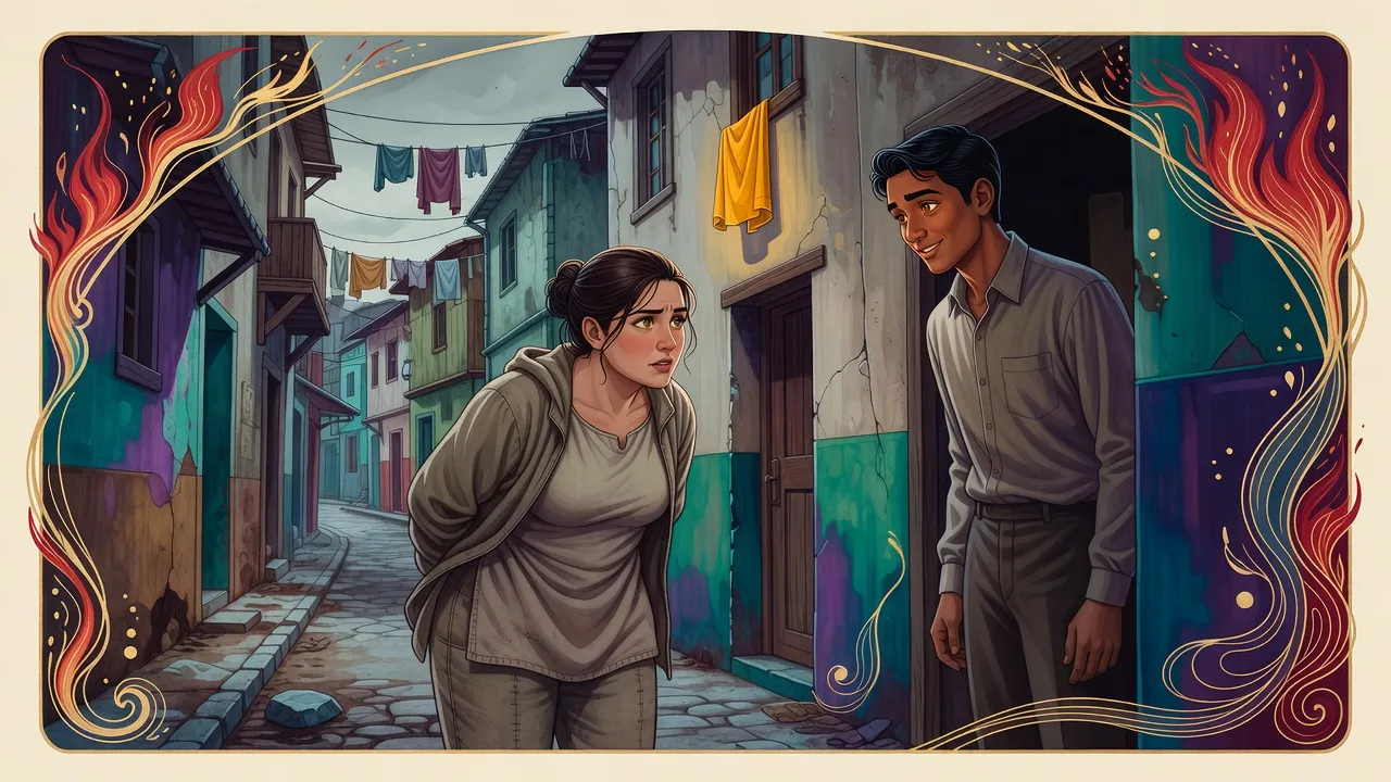 On a narrow, run-down street a woman in a plain jacket speaks urgently to a tall young man in clean clothes standing in a doorway.