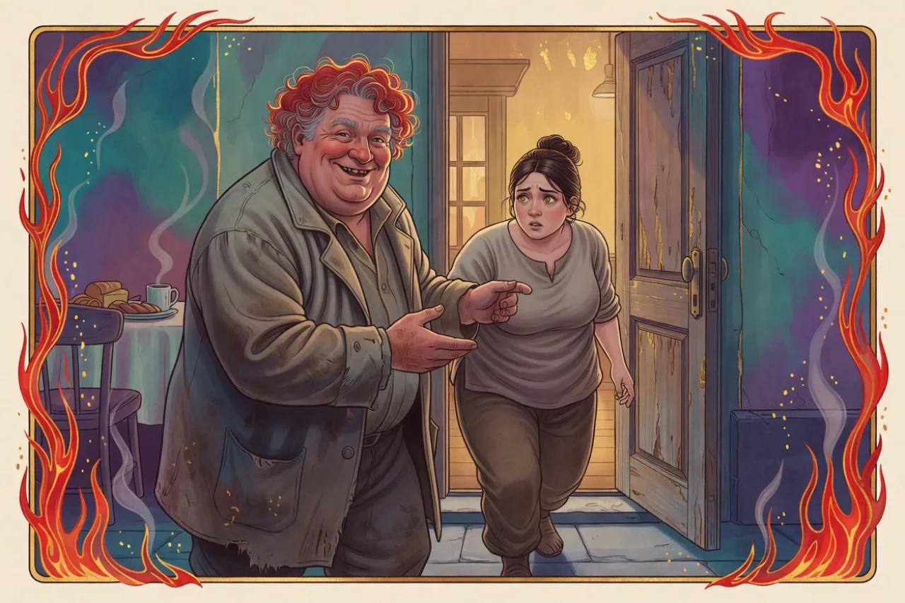 A stocky, ruddy man with greying red curls draws a startled young woman by the arm through an open door into a warm room.