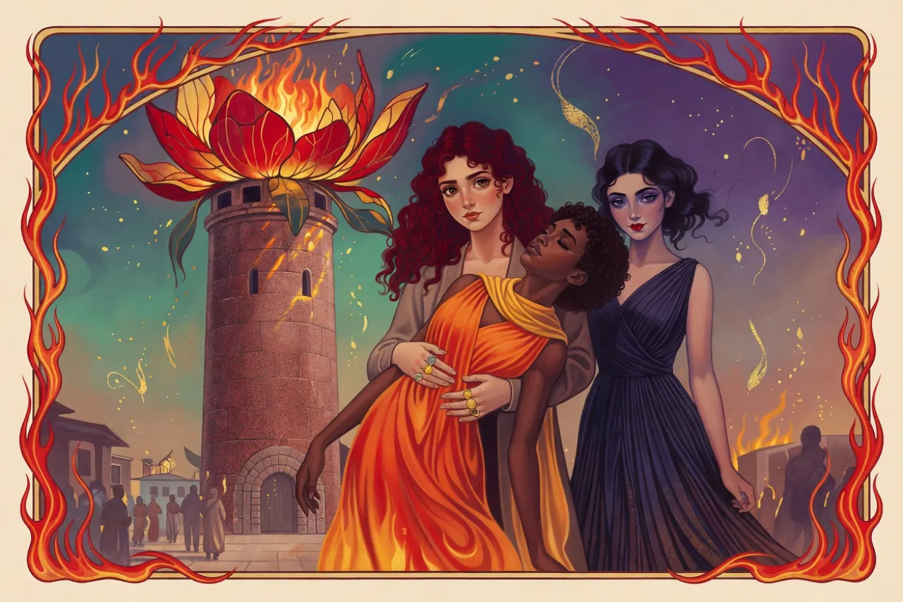 At the foot of a red stone tower, a girl in a flame-coloured dress and yellow scarf leans on a red-haired woman’s arm on the way to the door, a small dark-haired woman following a step behind.