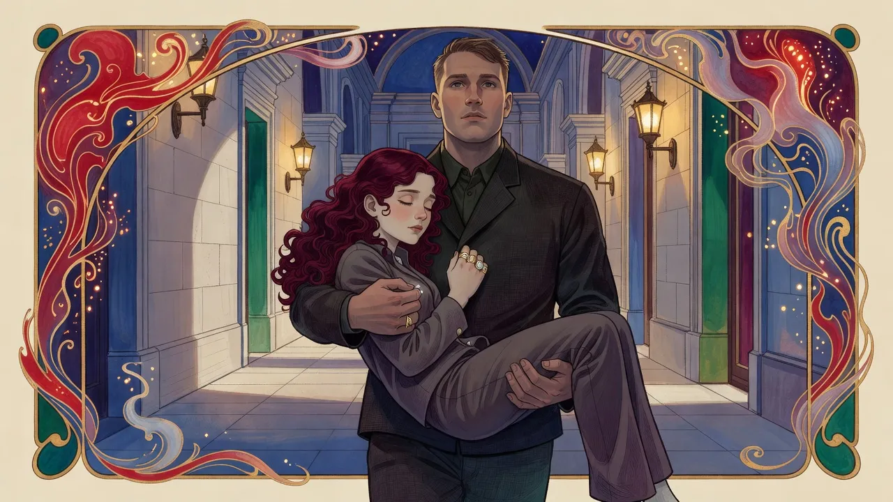 A broad guardsman carries a pale, sick red-haired young woman along a palace corridor, her cheek against his jacket and one hand closed tight on its front.