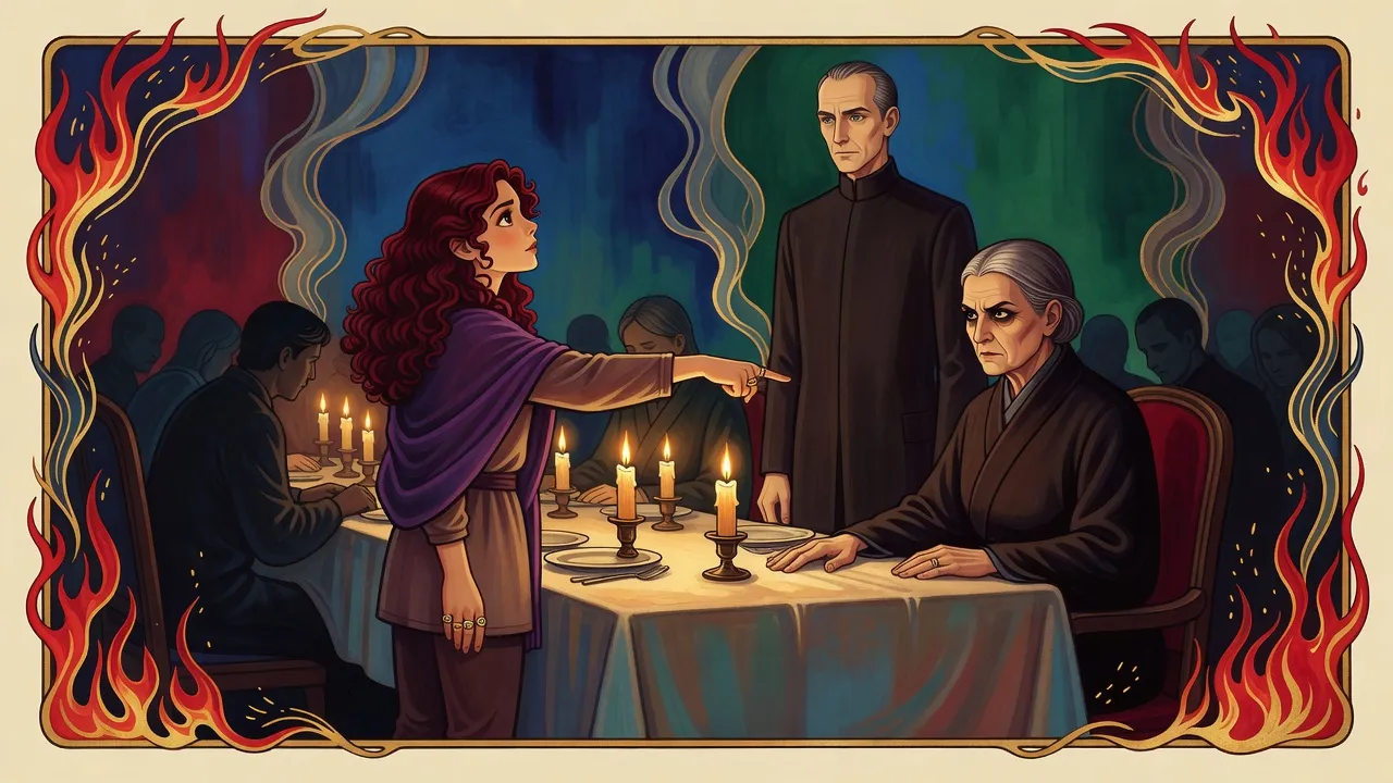 In a candlelit dining room a red-haired young woman in a purple shawl stands and points down the table at the grey-haired empress, who has slammed her hand on the cloth while the other diners freeze.