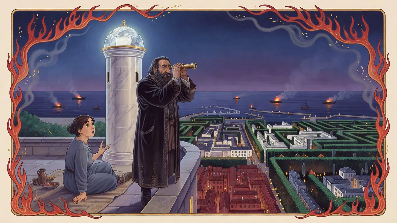 At night high on a white tower, a woman beside a picnic turns as a bearded man with a spyglass looks out toward bright flashes over a dark harbor.