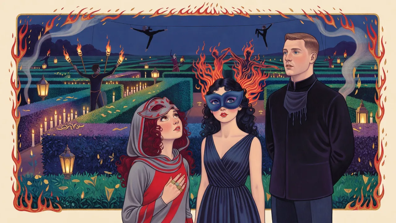 At a night festival in a candlelit hedge labyrinth, a masked woman in grey and crimson, a masked woman in dark blue and a guard in dark clothes look up at fire jugglers and acrobats.