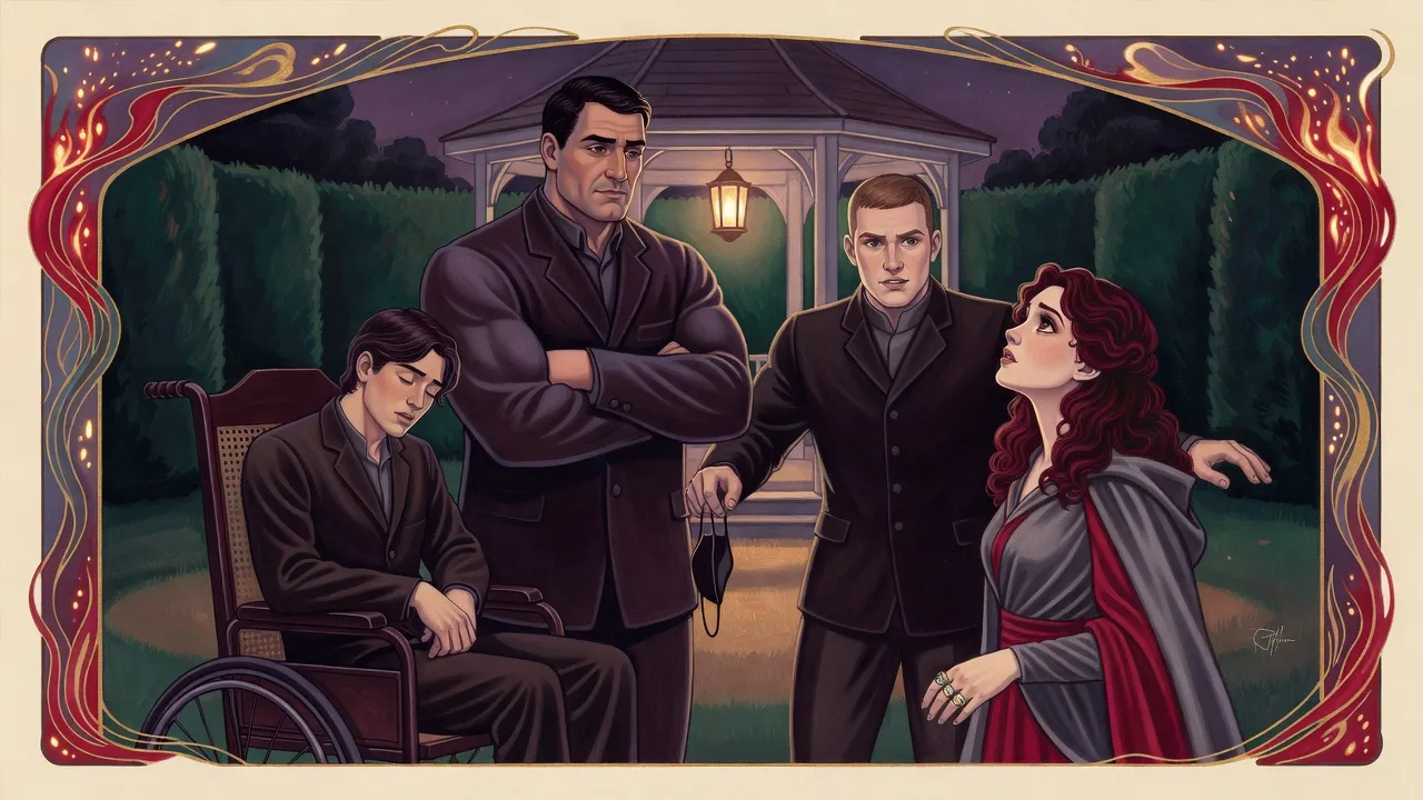 Under a single lantern at a white garden gazebo, a broad man holding a mask stands beside a wheelchair in which a young man sits slumped and still, while a guard holds him back from a red-haired woman.