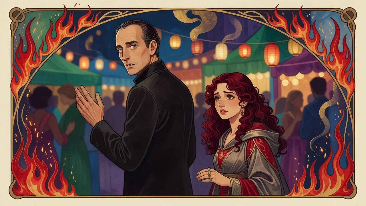 In a lamplit festival crowd, a red-haired young woman stares in dawning horror after a tall, grey-eyed older steward who has turned sharply away.