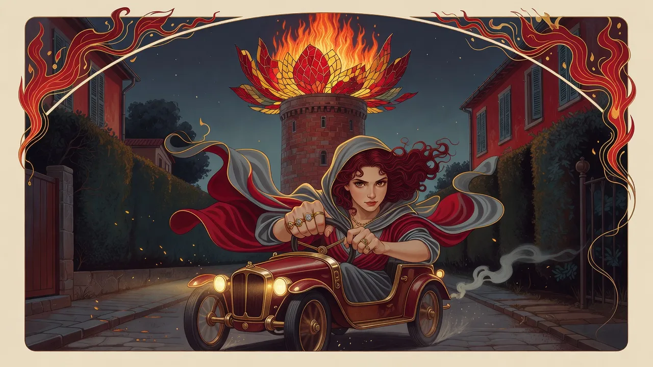 At night a red-haired young woman drives a small open motorcar down a dark lane, its two little lamps lit, toward a tower crowned with fire.