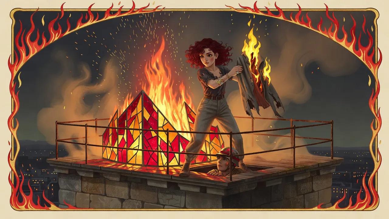 On the ledge around a great fire behind red and gold stained glass, a red-haired young woman raises a burning strip of cloth as a soldier’s head rises through a trapdoor at her feet.