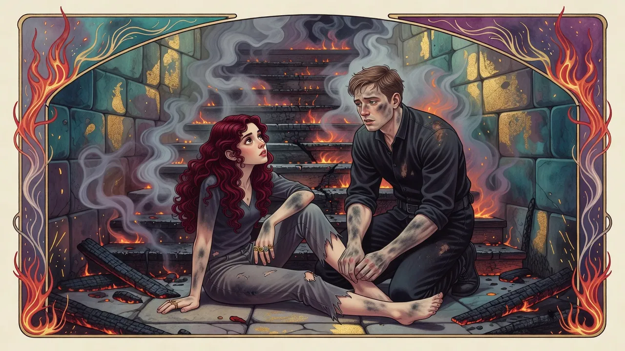 In a pocket of clear air amid smoke, a soot-streaked guardsman kneels beside a sooty red-haired young woman sitting on stone, his hands at her ankle, as they look at each other.