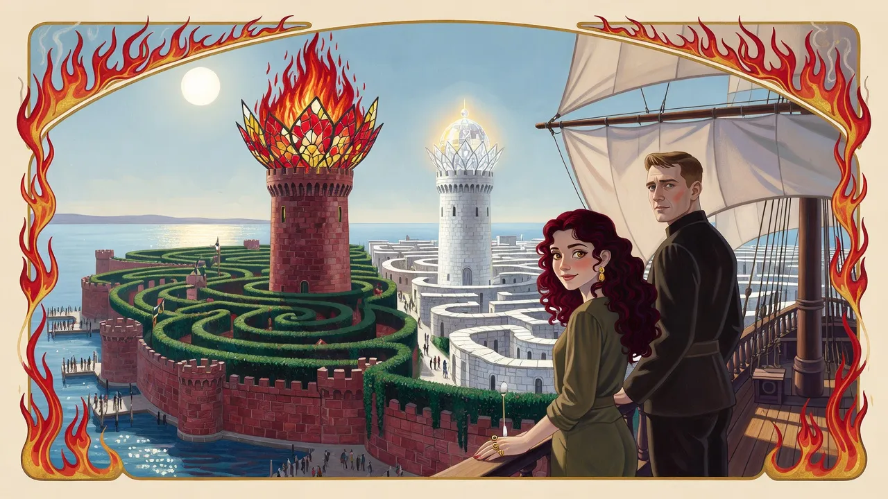 A red-haired young woman stands at the stern rail of a departing ship beside a guardsman, looking back at a sunlit city with a red tower and a white tower.
