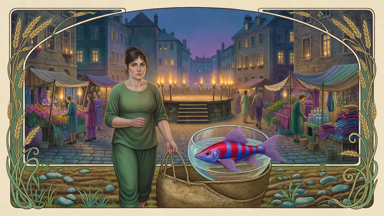 At nightfall in a crowded city plaza, with candles glowing in every window, a stocky dark-haired woman in green carries a woven bag holding a glass bowl with one pink-and-blue fish.