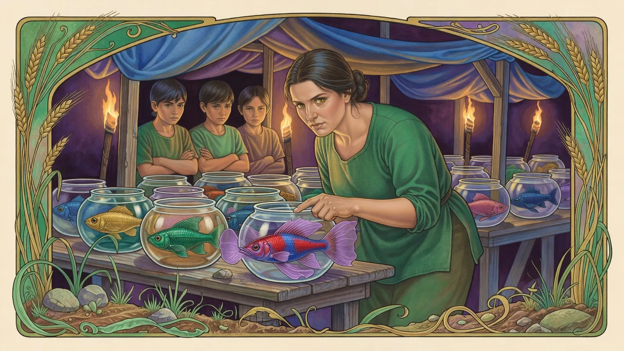 Under a sagging blue awning lit by torches, a woman bends close to a glass bowl where a pink-and-blue fish stares back at her, while three slim young men watch from behind rows of bowls.