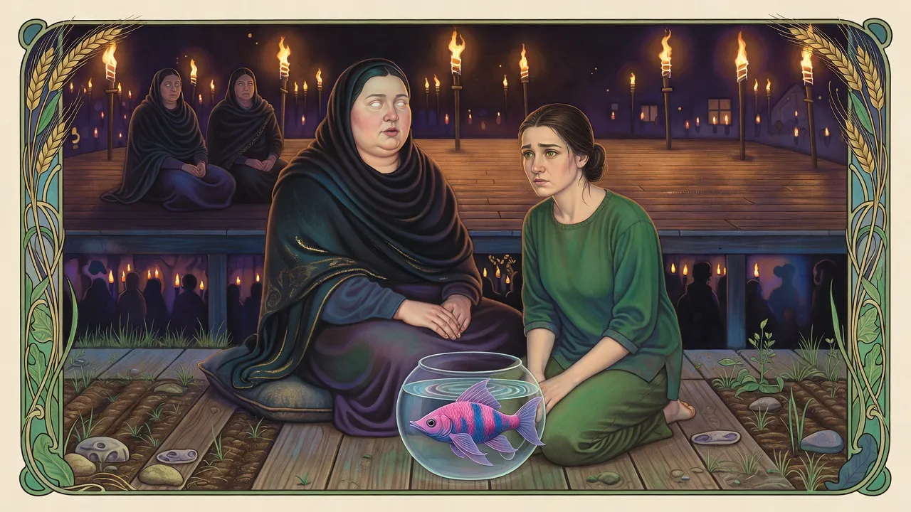 Inside a ring of torches on a wooden dais, a kneeling woman with a fishbowl beside her listens to a heavy, blank-eyed seer.