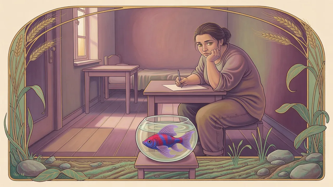 In a bare one-room flat, a woman writes at a table under a window while a glass bowl with a pink-and-blue fish sits alone in the empty space inside the door.