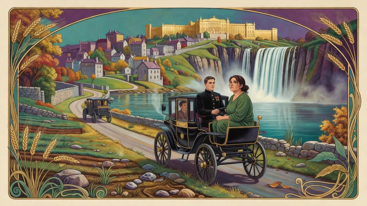 A small horseless carriage climbs a winding road toward a sprawling golden-stone palace beside a great waterfall above a river city.