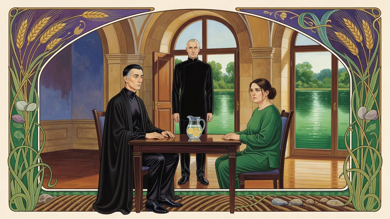 In a sunny palace office above a lake, a man in black studies a stocky woman across a table while a tall bald man waits in the doorway.