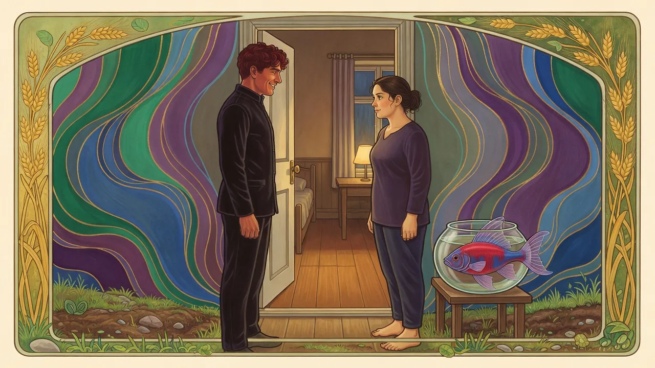 At the open door of a bare little flat, a handsome red-haired man in dark clothes and a stocky barefoot woman stare at each other, a fishbowl on a stand beside her.