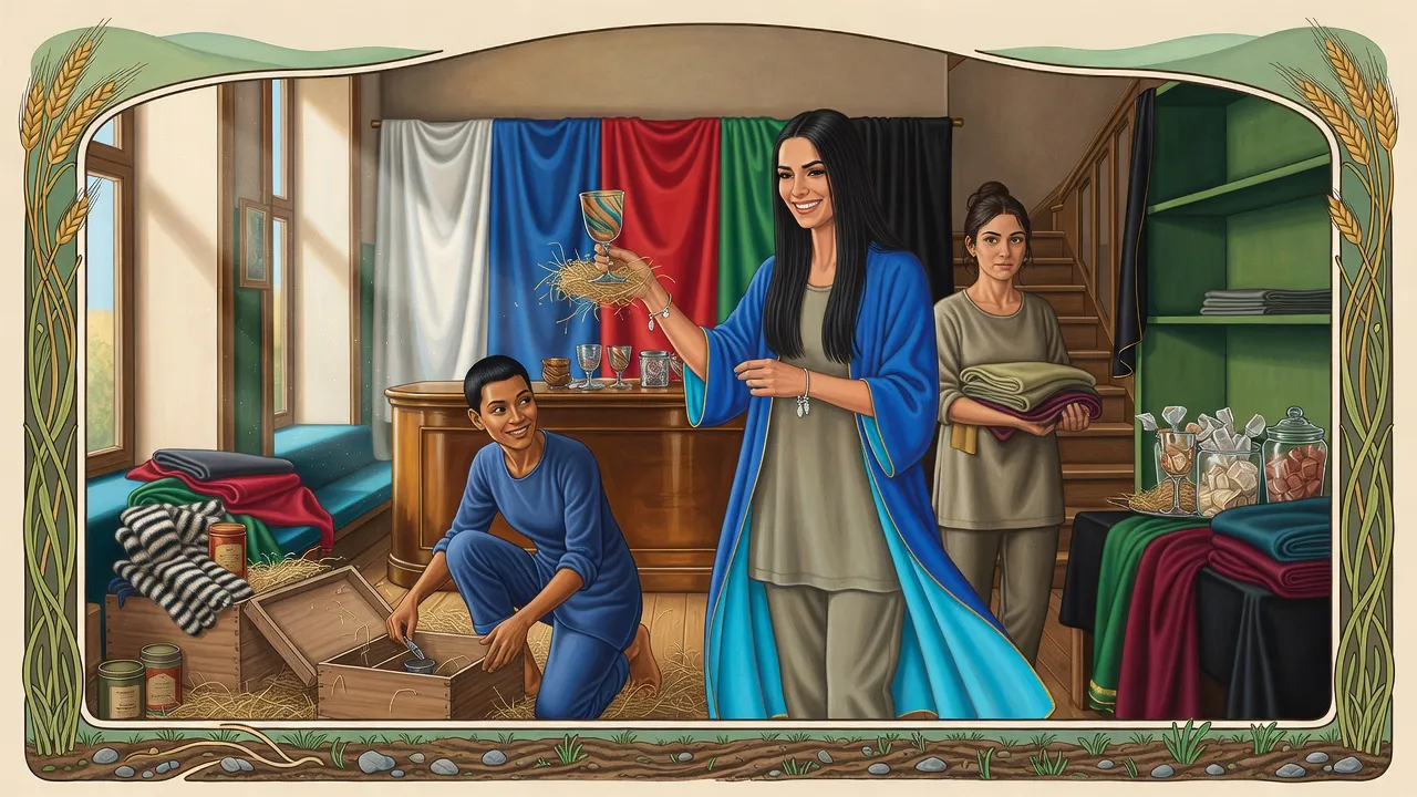 Three women laugh and unpack crates of glass and cloth in a half-finished shop with tall windows.