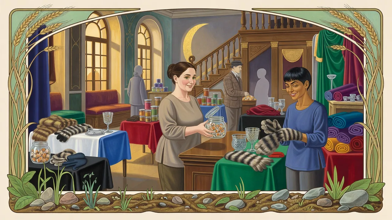 A busy shop full of foreign goods arranged in five coloured sections, a woman behind the counter holding out a jar of wrapped sweets to a customer.