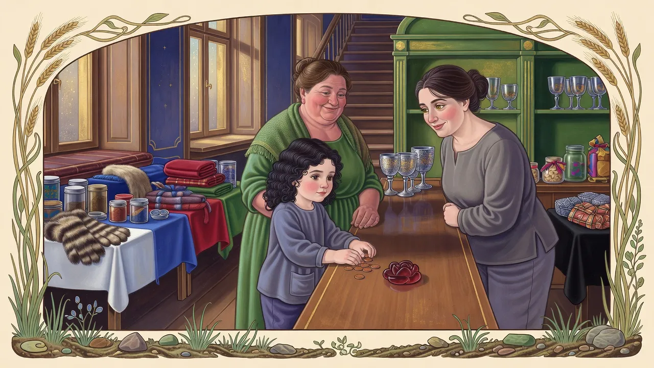 A solemn little dark-haired girl sets coins and a small red stone flower on a shop counter while a motherly woman stands behind her and the shopkeeper leans down, smiling.