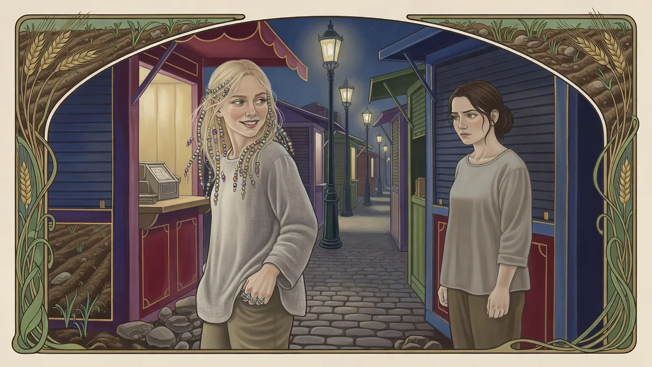 At night under gas lamps, a small woman with glittering beads in her pale hair steps away from a lit booth with one fist in her pocket, while another woman watches from the shadows.