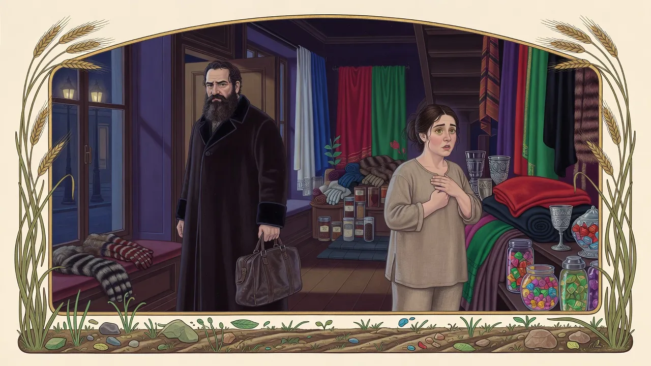 In a darkened shop at evening, a stocky woman stands frozen while a big bearded man in the doorway turns his profile to the light from the street.
