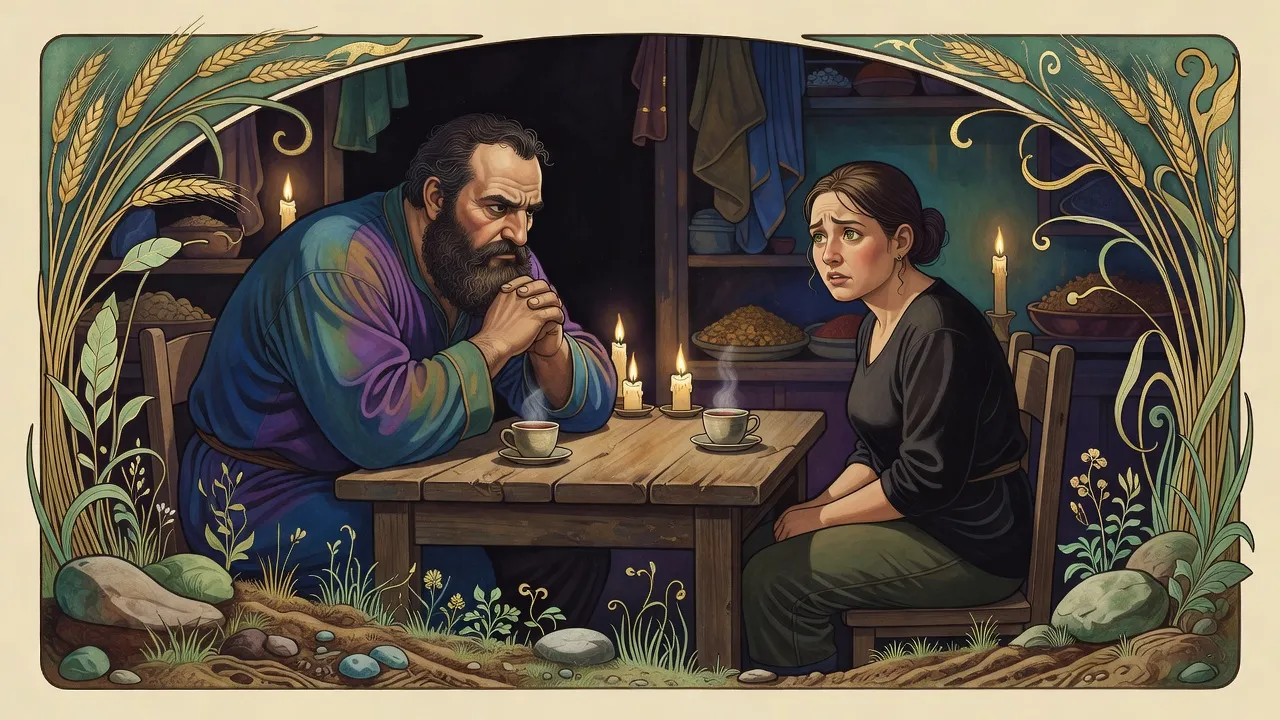At a candlelit table in a dark shop, a big bearded man sits with his face half hidden in his folded hands while a woman watches him warily from the far side.